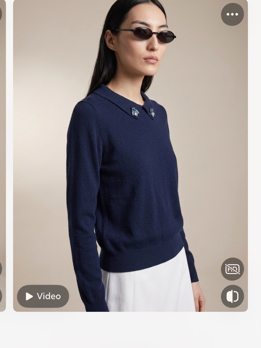 Navy Jewel-Collar Crewneck Sweater